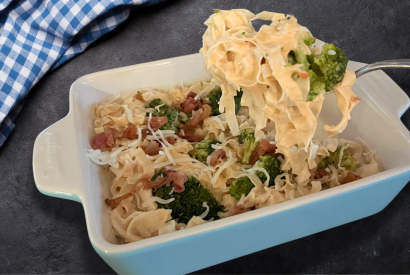 Thumbnail for Low Carb Pasta with White Cheddar Cheese Sauce, Broccoli & Bacon